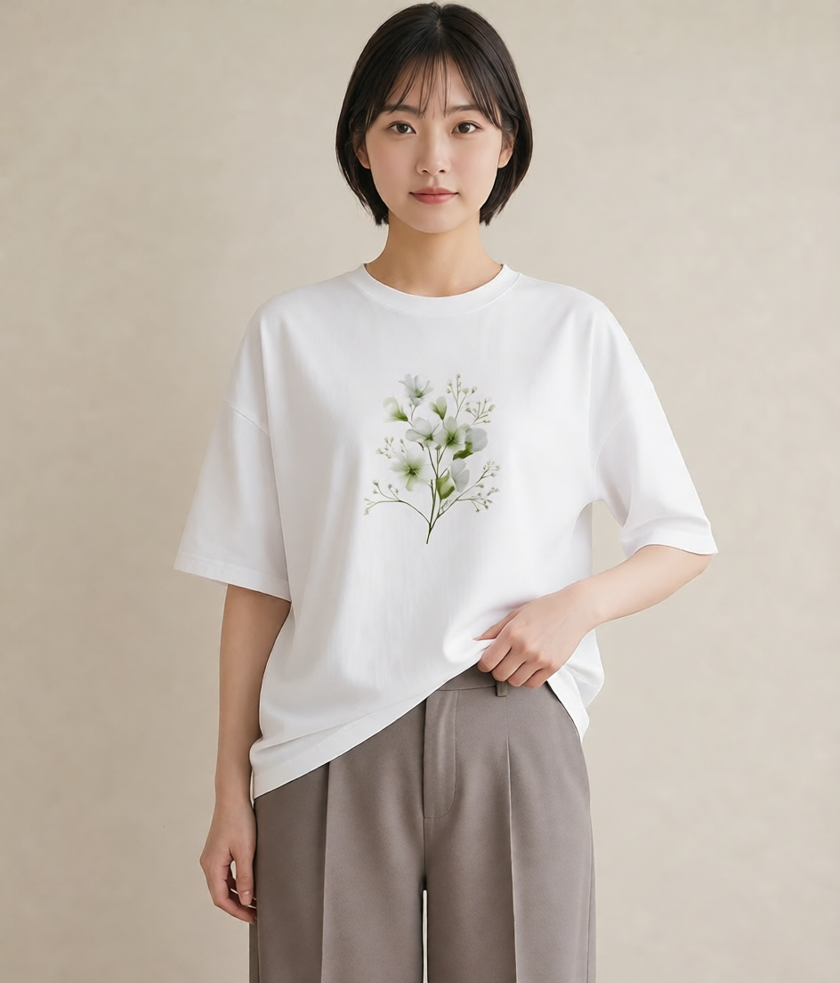 グラフィックTシャツ レディース すずらん 花 花柄 イラスト カジュアル カジュアルコーデ 買い物 白T