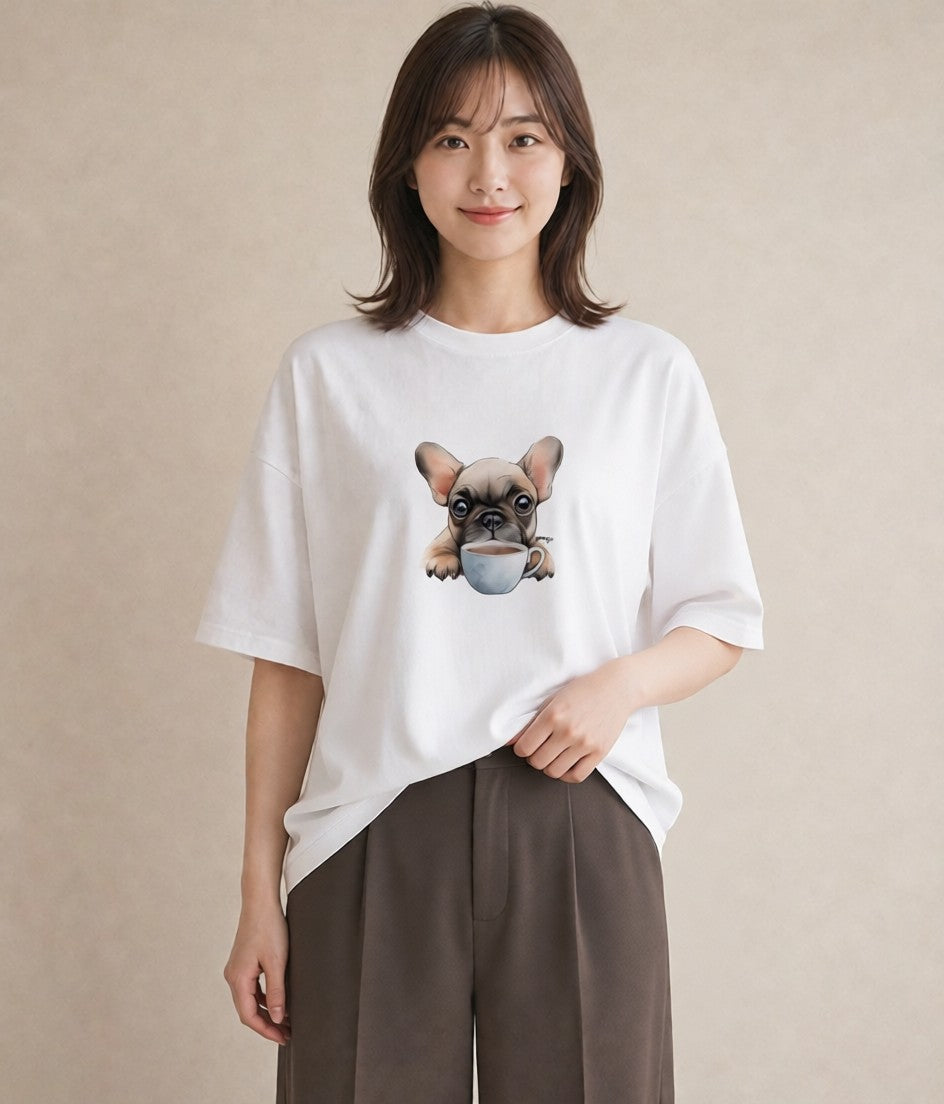 デザインTシャツ レディース フレンチブルドッグ フレブル 犬 いぬ イラスト フェミニン 通学 誕生日プレゼント 白T YMAZO