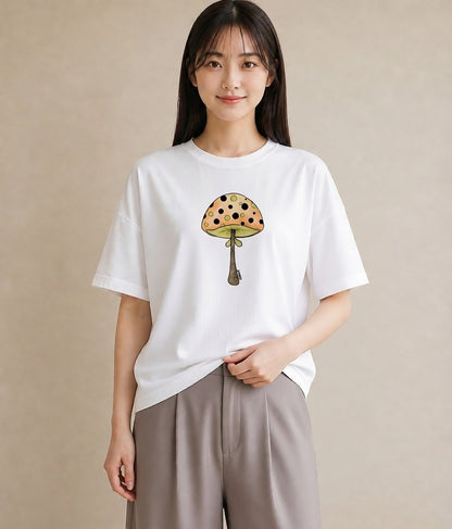 グラフィックTシャツ レディース きのこ 植物 ボタニカル イラスト 旅行コーデ 買い物 夏コーデ 白T YMAZO