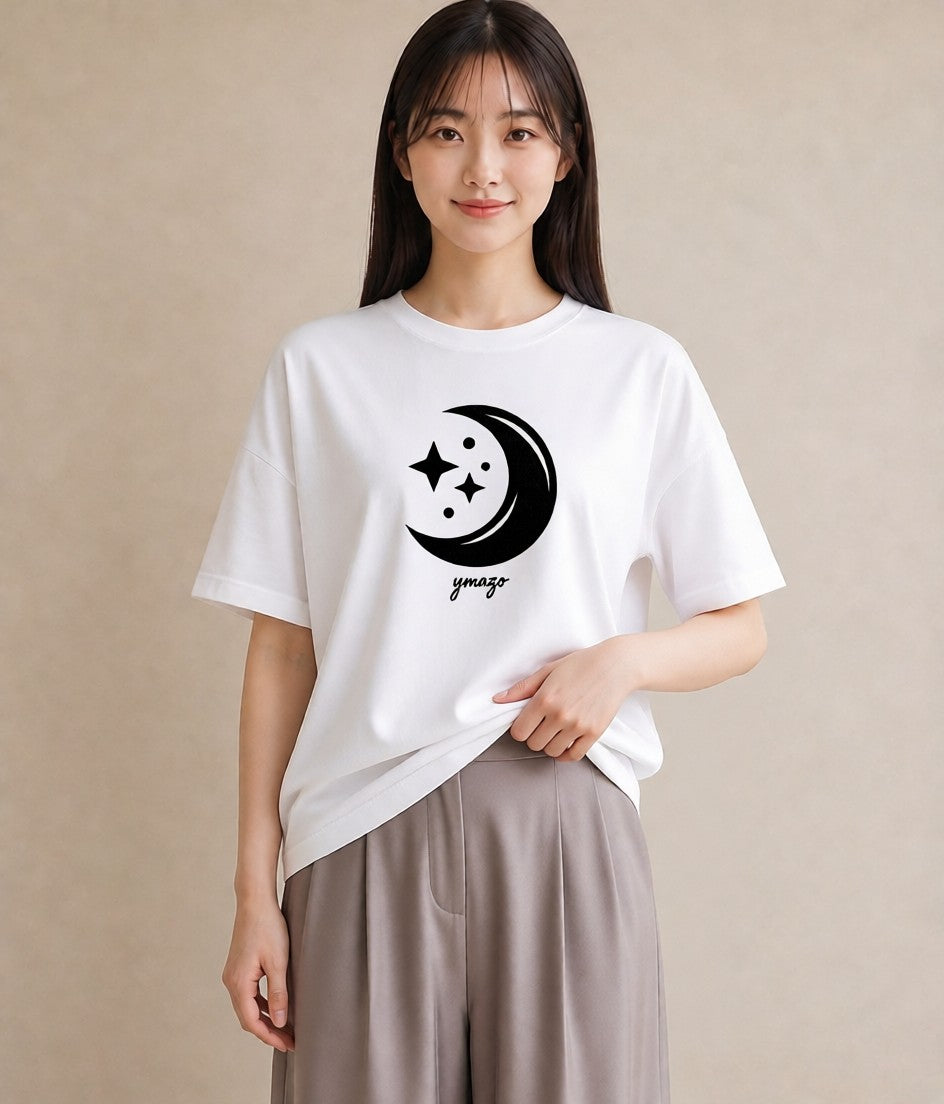 プリントTシャツ レディース 月と星 星空 ムーン イラスト 水彩風 お出かけ 普段着 白T YMAZO