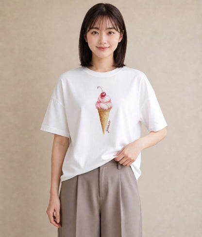 グラフィックTシャツ レディース ソフトクリーム 食べ物 フード イラスト きれいめカジュアル 敬老の日 ホワイトデー 白T YMAZO