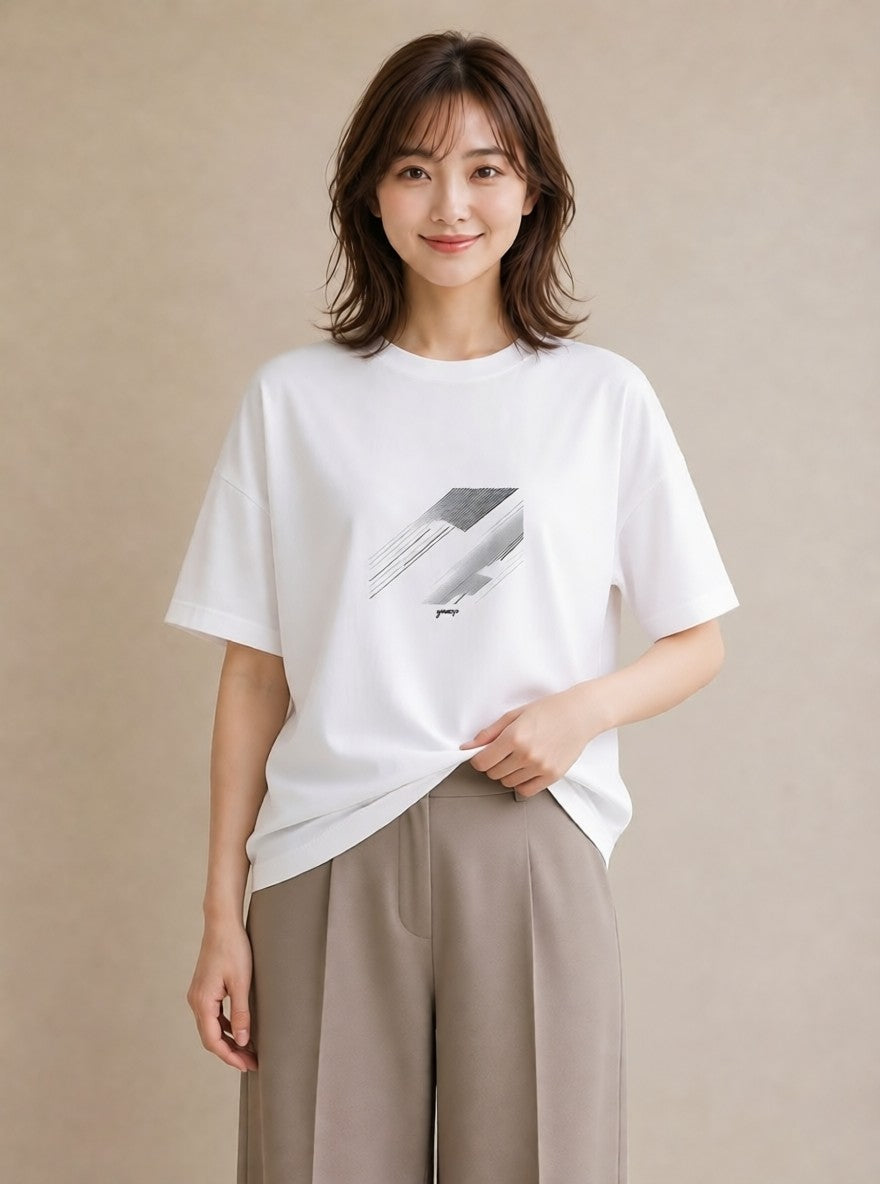 Tシャツ レディース 幾何学 ミニマル ジオメトリック イラスト ラフ 散歩 お出かけ 白T YMAZO