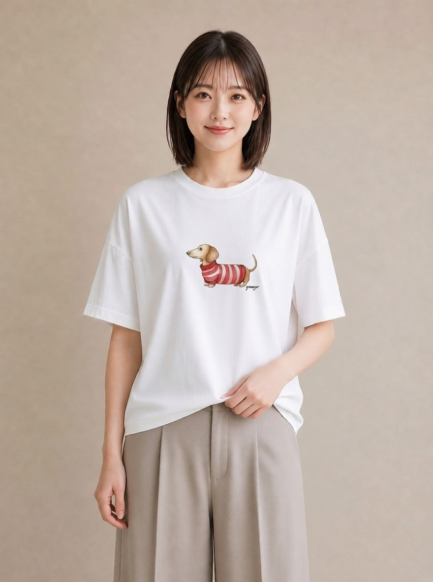 Tシャツ レディース ミニチュアダックスフンド 犬 いぬ イラスト ミニマル 姉妹 送別ギフト 白T YMAZO
