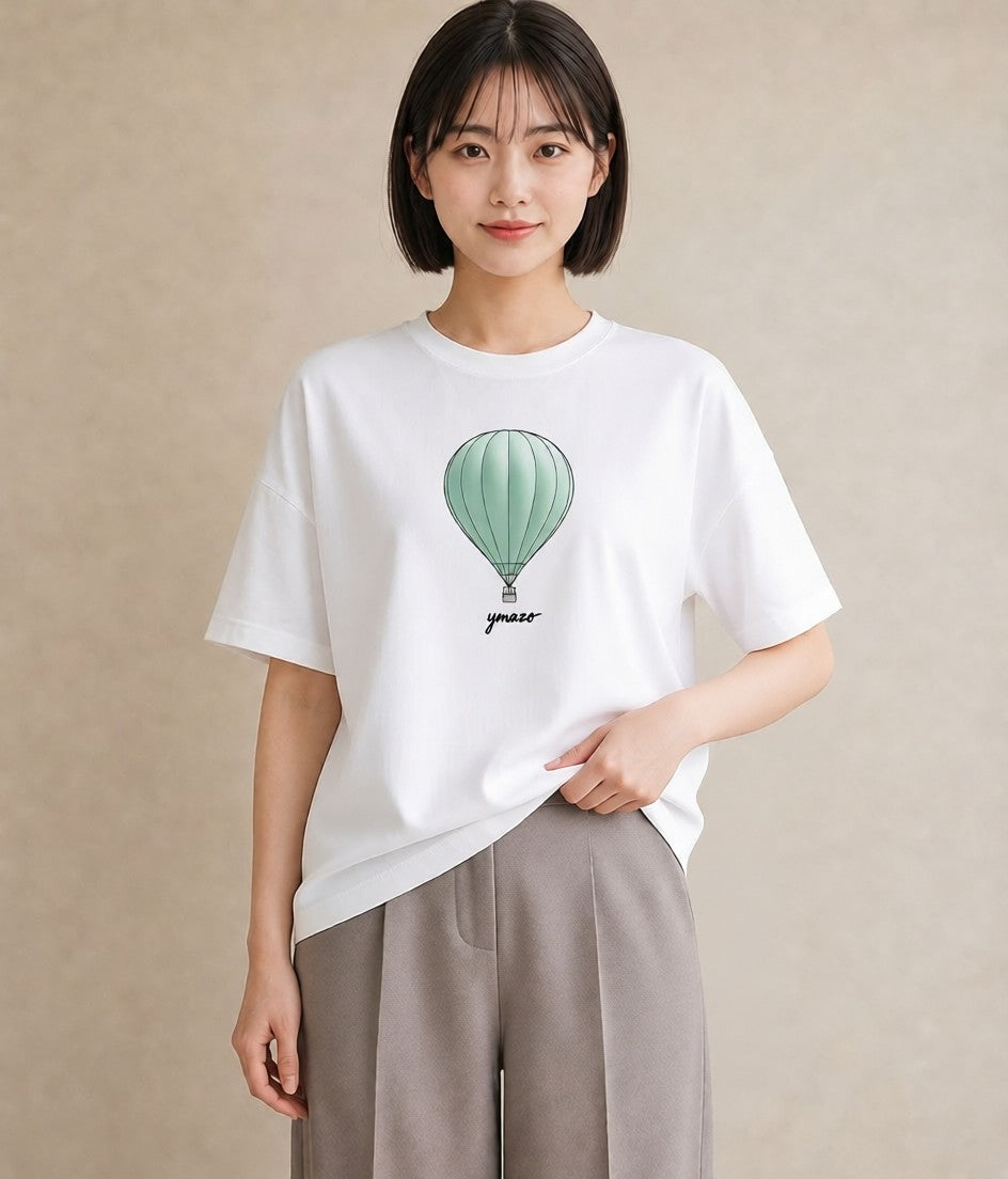 半袖Tシャツ レディース 紙風船 和紙 ナチュラル アンティーク イラスト アート風 買い物 夏コーデ 白T YMAZO