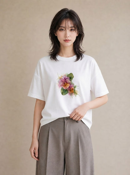 グラフィックTシャツ レディース あさがお 朝顔 花 花柄 イラスト シック 通勤 在宅 白T YMAZO