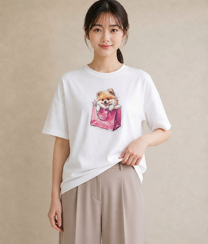 半袖Tシャツ レディース ポメラニアン ポメ 犬 いぬ イラスト ミニマル お出かけ 普段着 白T YMAZO