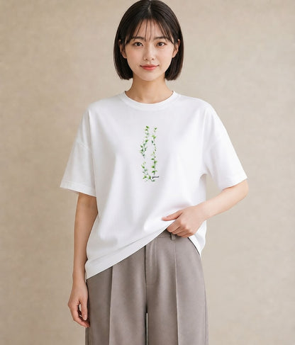 プリントTシャツ レディース 葉っぱ 植物 ボタニカル イラスト 韓国風 散歩 お出かけ 白T YMAZO