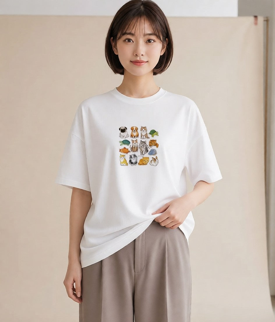 プリントTシャツ レディース パグ 犬 いぬ イラスト ヴィンテージ風 ギフト 母の日 白T YMAZO