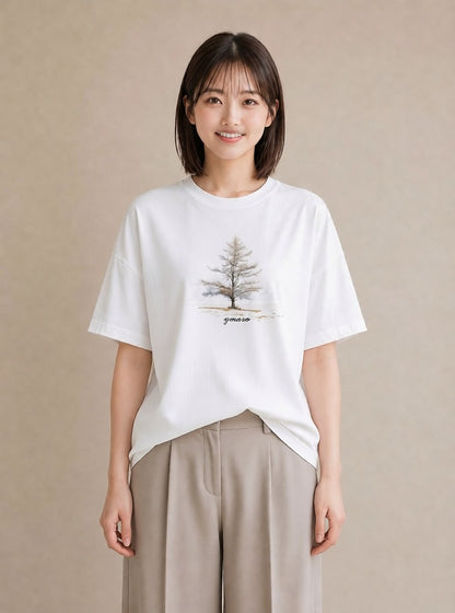 半袖Tシャツ レディース 青の水彩 風景 ブルー ナチュラル アンティーク イラスト こなれ感 週末コーデ 敬老の日 白T YMAZO