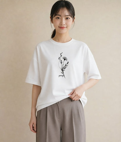 Tシャツ レディース 小花 花 フラワー イラスト カジュアル 女性 旅行用 白T YMAZO