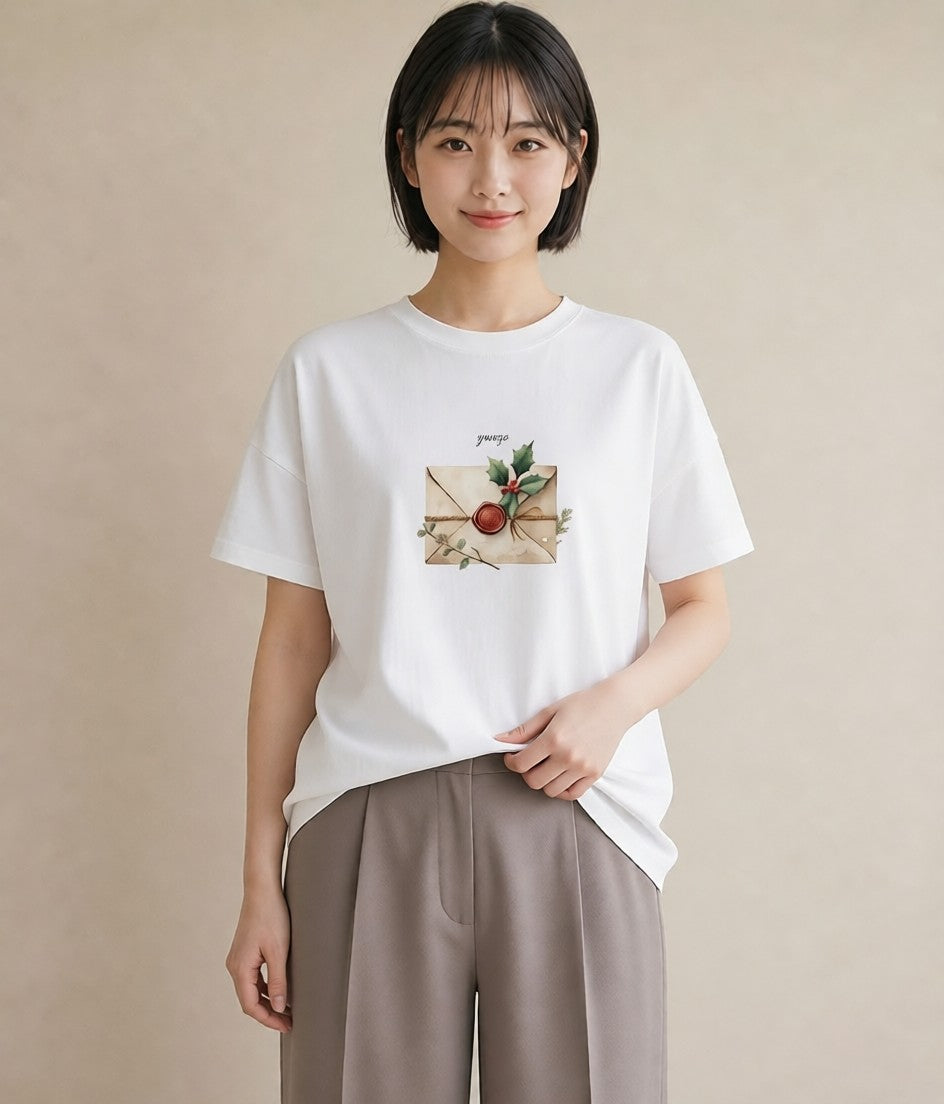 Tシャツ レディース 封蝋 手紙 アンティーク ナチュラル イラスト フェミニン カフェ巡り 女子会 白T YMAZO