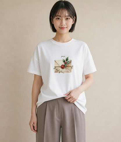 Tシャツ レディース 封蝋 手紙 アンティーク ナチュラル イラスト フェミニン カフェ巡り 女子会 白T YMAZO