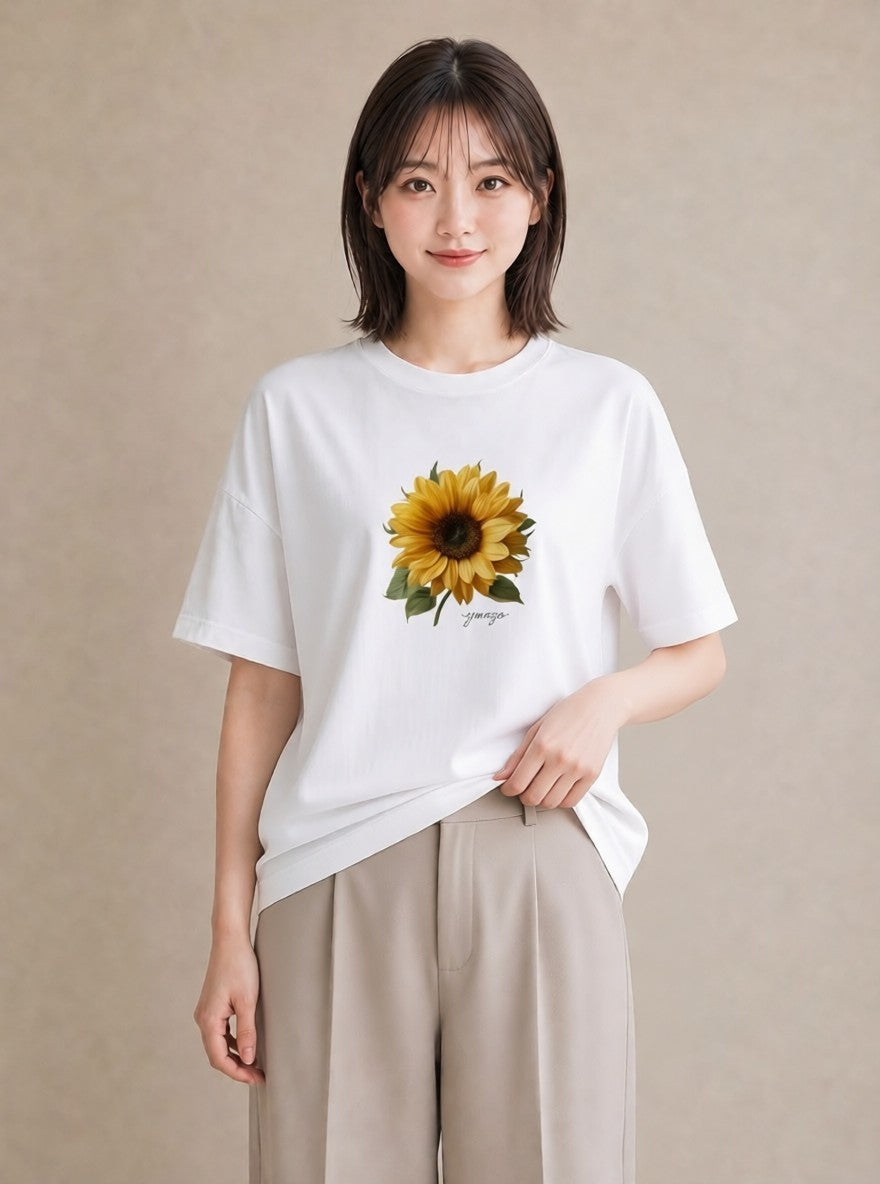 Tシャツ レディース ひまわり 向日葵 花 花柄 イラスト ミニマル 買い物 夏コーデ 白T YMAZO
