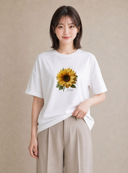 Tシャツ レディース ひまわり 向日葵 花 花柄 イラスト ミニマル 買い物 夏コーデ 白T YMAZO