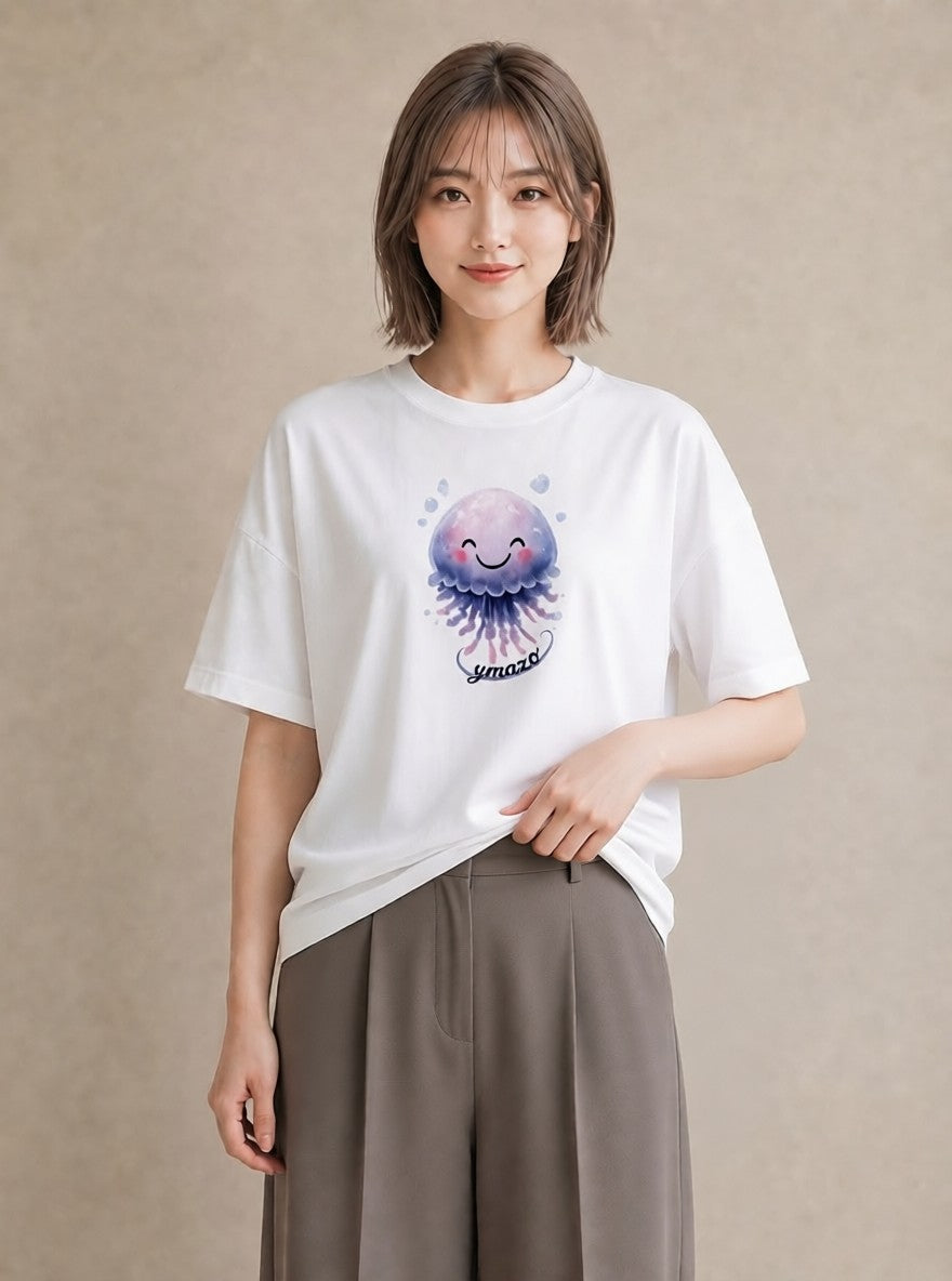 プリントTシャツ レディース くらげ クラゲ 海の生き物 海 イラスト ミニマル 夏コーデ 通学 白T YMAZO