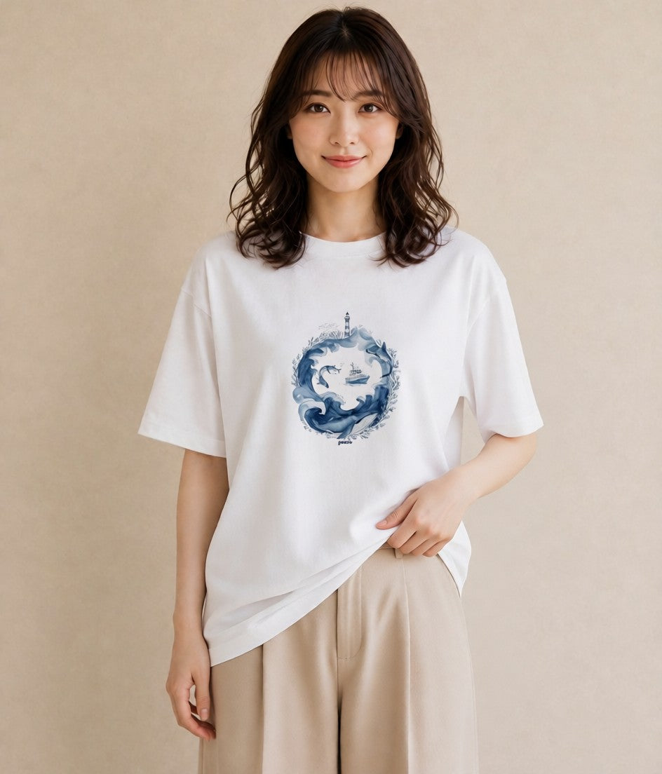 Tシャツ レディース 海 星空 宇宙 イラスト 線画 春コーデ 姉妹 白T YMAZO
