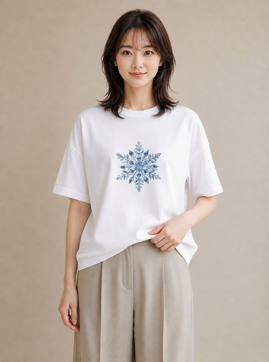 プリントTシャツ レディース 雪 星空 宇宙 イラスト 上品 お出かけ 普段着 白T YMAZO