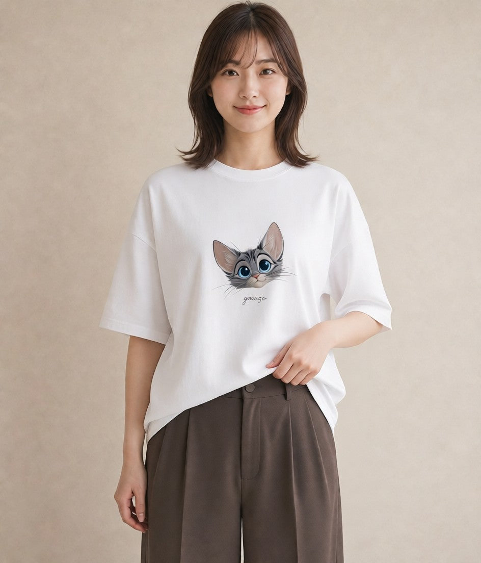 プリントTシャツ レディース サバトラ 猫 ねこ イラスト 可愛い 夏コーデ 通学 白T YMAZO