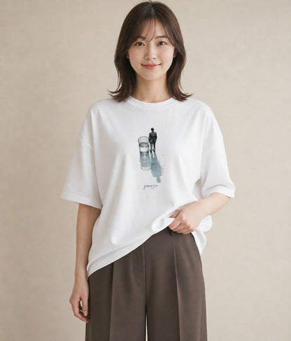 半袖Tシャツ レディース 傘 水たまり 雨 ナチュラル アンティーク イラスト 手描き風 ラフ レイヤード 白T YMAZO