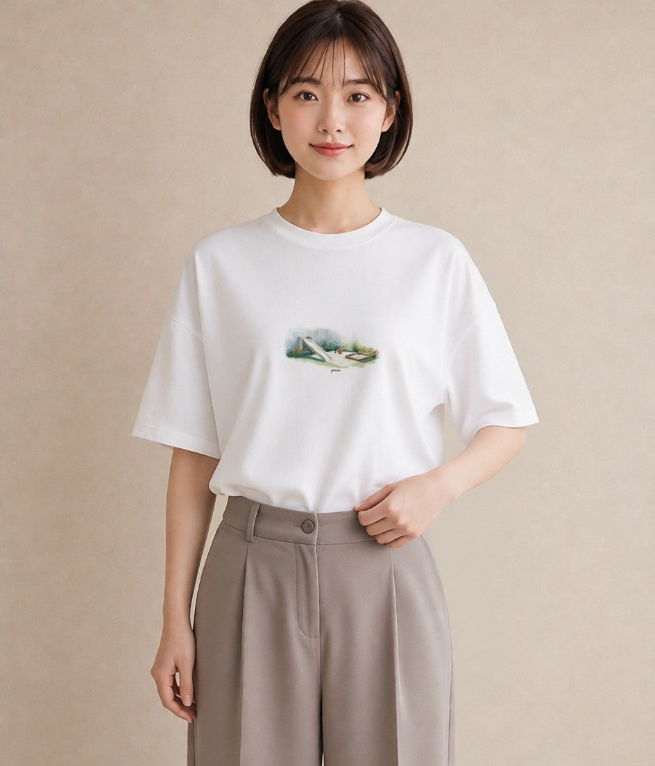 半袖Tシャツ レディース 小川 橋 せせらぎ ナチュラル アンティーク イラスト 週末コーデ 敬老の日 白T YMAZO