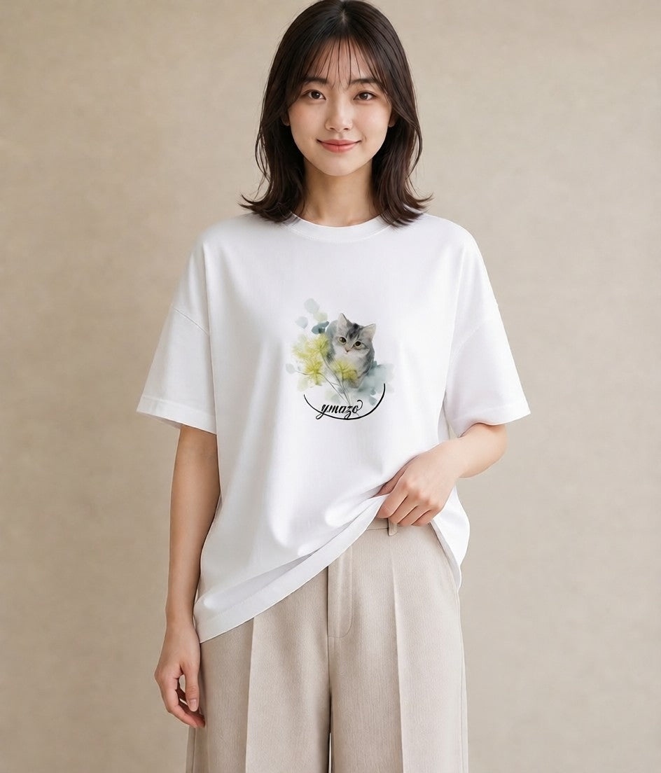 デザインTシャツ レディース 猫の手 猫 ねこ イラスト きれいめ 買い物 夏コーデ 白T YMAZO