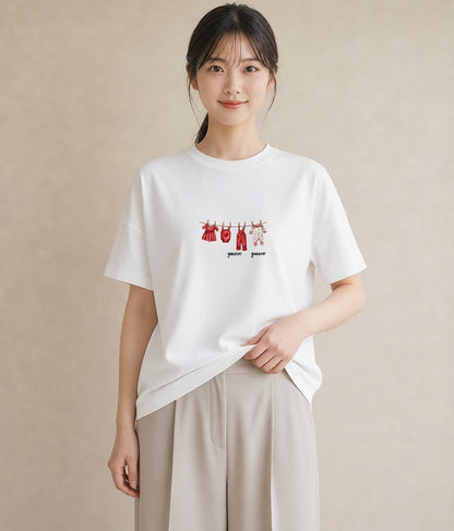 グラフィックTシャツ レディース 洗濯物 風 ナチュラル アンティーク イラスト お洒落 通勤 在宅 白T YMAZO