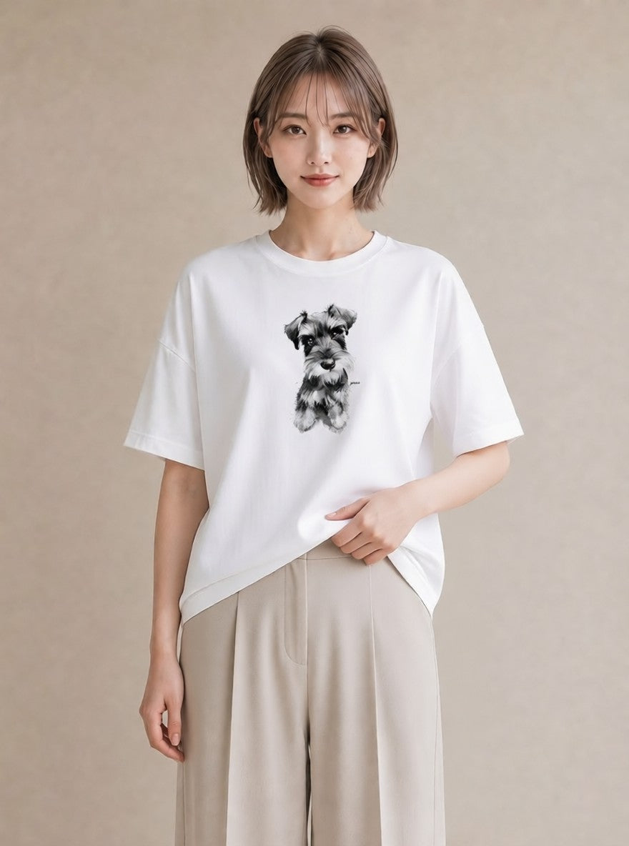 デザインTシャツ レディース ミニチュアシュナウザー 犬 いぬ イラスト カジュアル 社会人 女性 白T YMAZO