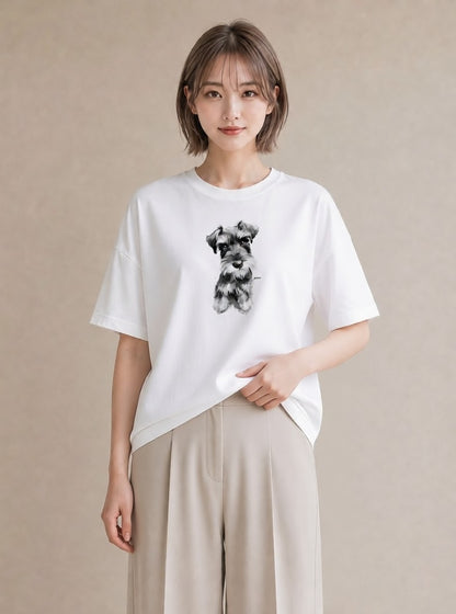 デザインTシャツ レディース ミニチュアシュナウザー 犬 いぬ イラスト カジュアル 社会人 女性 白T YMAZO