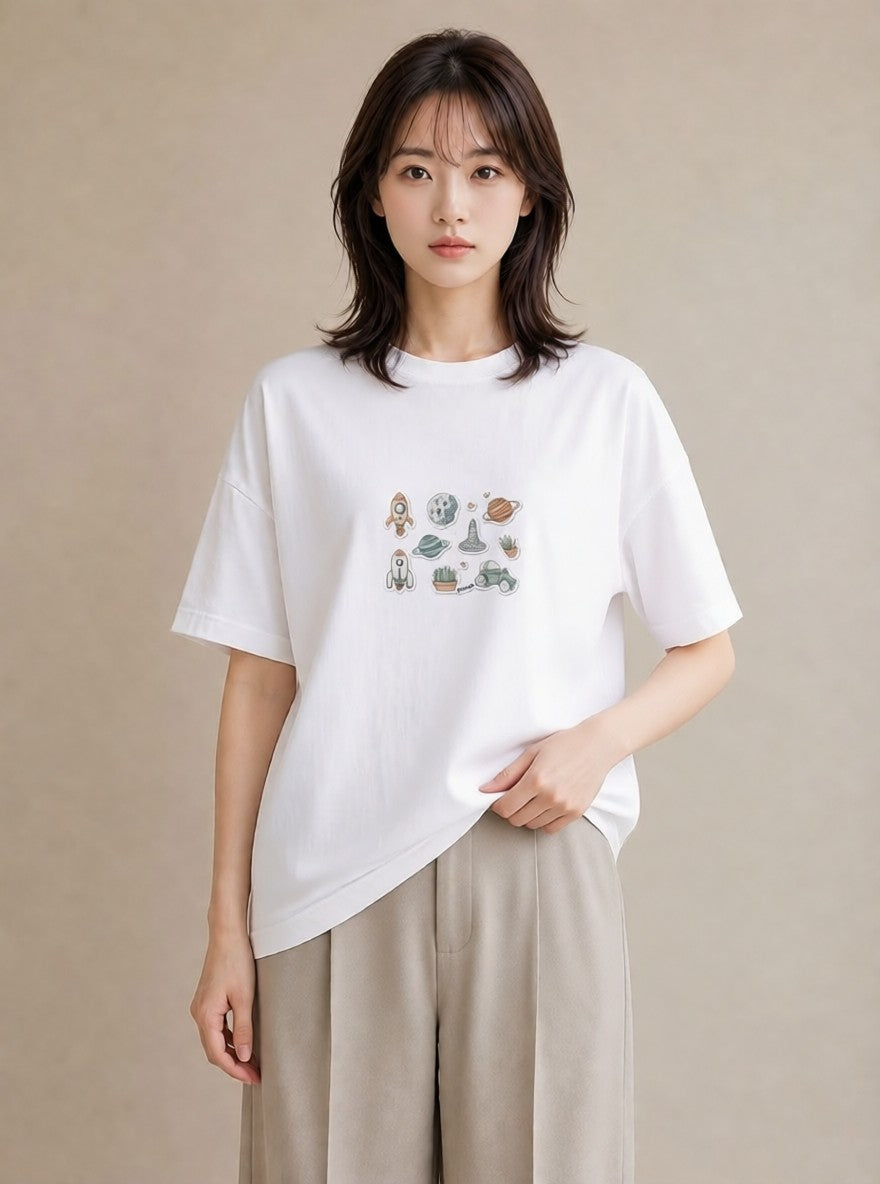 Tシャツ レディース 宇宙 星空 イラスト アート風 通勤 在宅 白T YMAZO