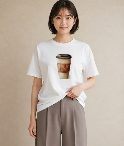 デザインTシャツ レディース カフェラテ 食べ物 フード イラスト 普段使い 通学 誕生日プレゼント 白T YMAZO