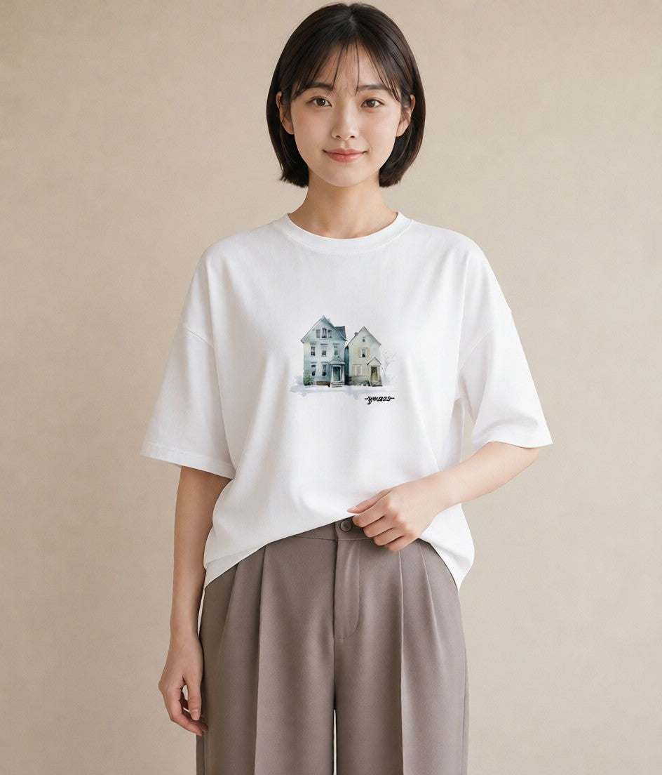 グラフィックTシャツ レディース 湖畔の小屋 湖 小屋 ナチュラル アンティーク イラスト ラフカジュアル 女性 旅行用 白T YMAZO