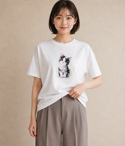 半袖Tシャツ レディース 猫 ねこ イラスト 北欧風 誕生日プレゼント 綿100 白T YMAZO