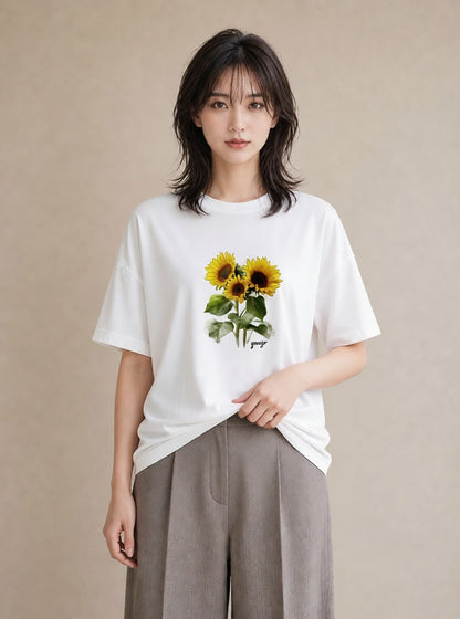 グラフィックTシャツ レディース ひまわり 向日葵 花 花柄 イラスト 手描き風 通学 誕生日プレゼント 白T YMAZO