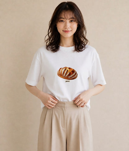 プリントTシャツ レディース パン 食べ物 フード イラスト 線画 通勤 在宅 白T YMAZO