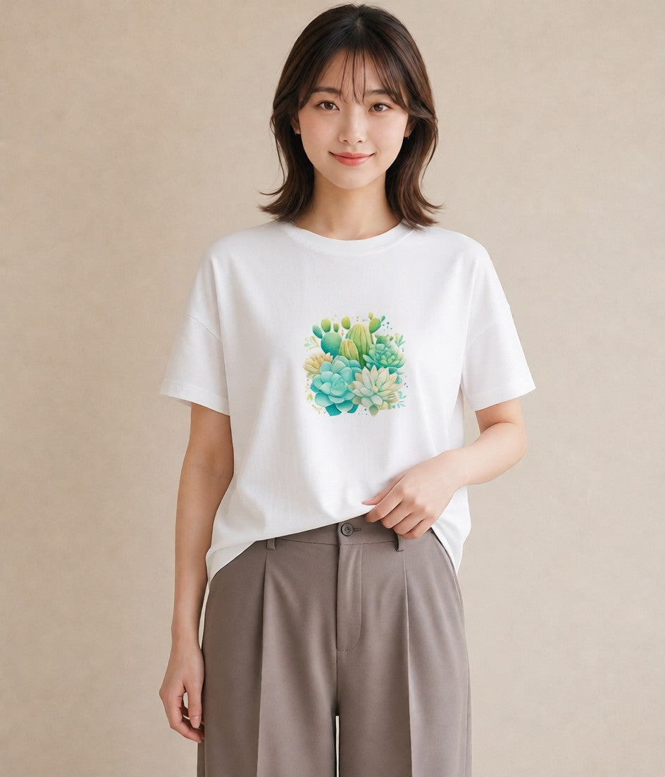 グラフィックTシャツ レディース サボテン 植物 ボタニカル イラスト ゆるかわ ビーチ デイリーウェア 白T YMAZO