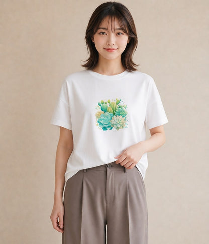 グラフィックTシャツ レディース サボテン 植物 ボタニカル イラスト ゆるかわ ビーチ デイリーウェア 白T YMAZO
