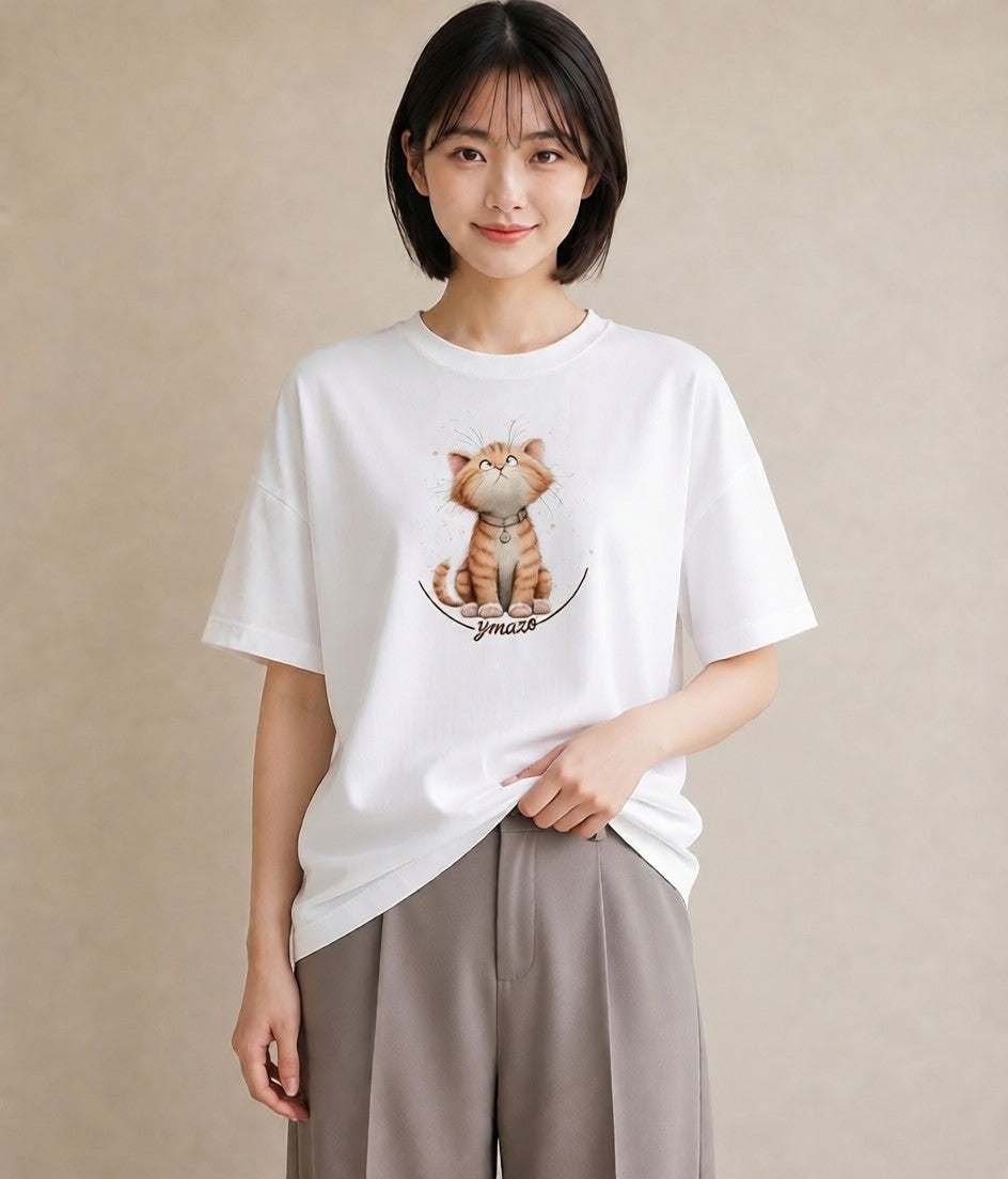半袖Tシャツ レディース ねこ 猫 ネコ イラスト ゆるコーデ 女性向けギフト 散歩 白T YMAZO