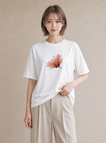 デザインTシャツ レディース コスモス 秋桜 花 花柄 イラスト ゆるかわ ミセス 春コーデ 白T