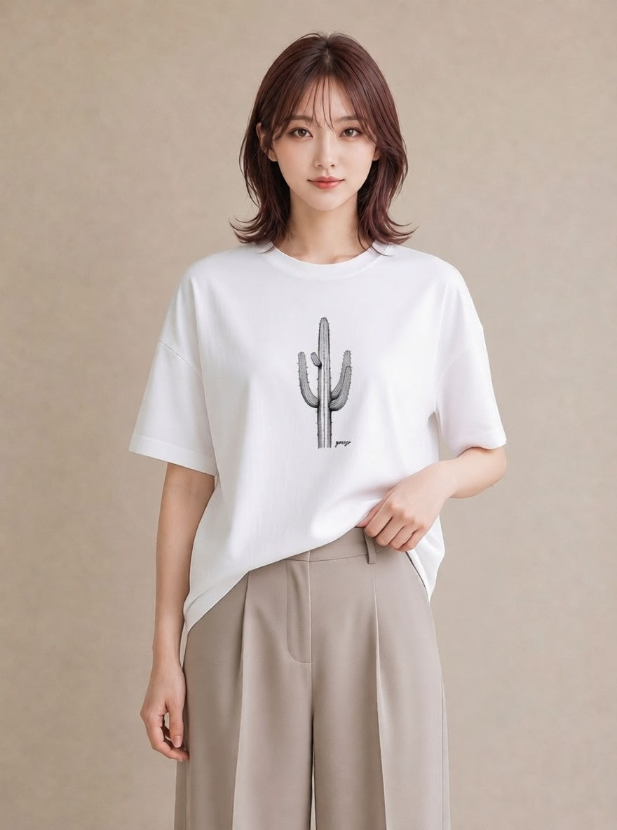 デザインTシャツ レディース サボテン 植物 ボタニカル イラスト こなれ感 旅行用 海 白T YMAZO