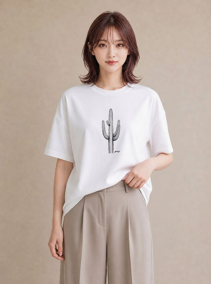 デザインTシャツ レディース サボテン 植物 ボタニカル イラスト こなれ感 旅行用 海 白T YMAZO