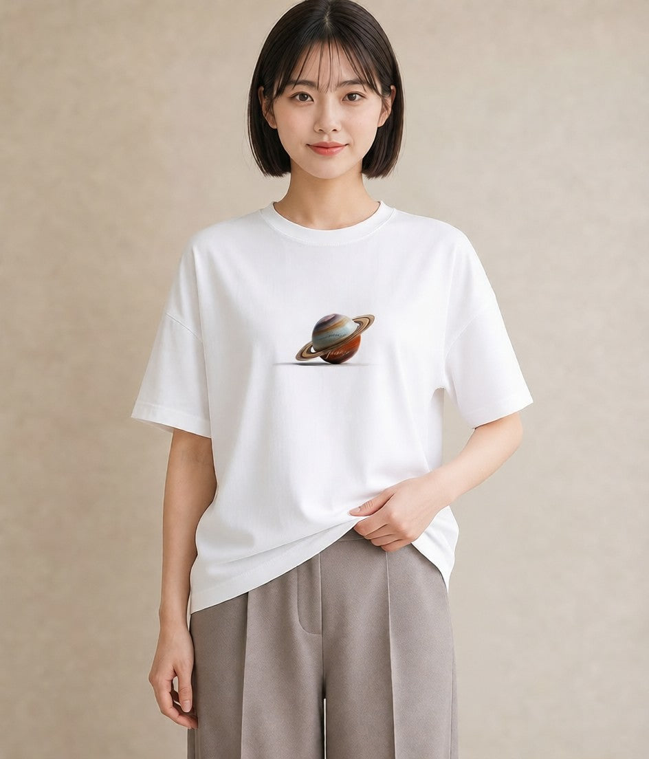 プリントTシャツ レディース 土星 星空 宇宙 イラスト 旅行コーデ ルームウェア ギフト 白T YMAZO