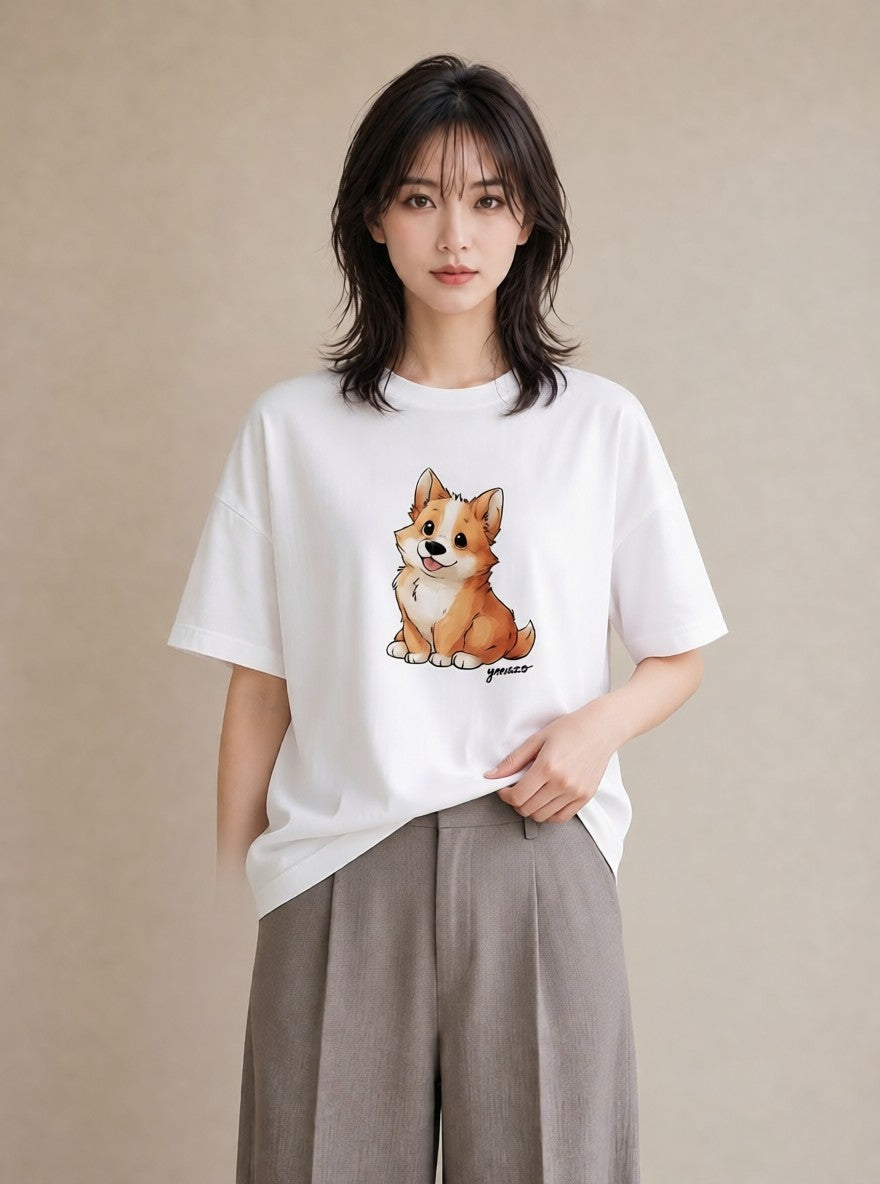 プリントTシャツ レディース ウェルシュコーギー コーギー 犬 いぬ イラスト ヴィンテージ風 旅行用 海 白T YMAZO
