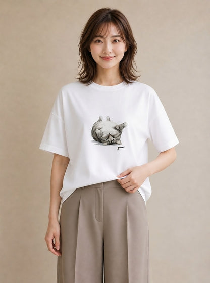 プリントTシャツ レディース ぶち猫 猫 ねこ イラスト ラフカジュアル 週末コーデ 敬老の日 白T YMAZO
