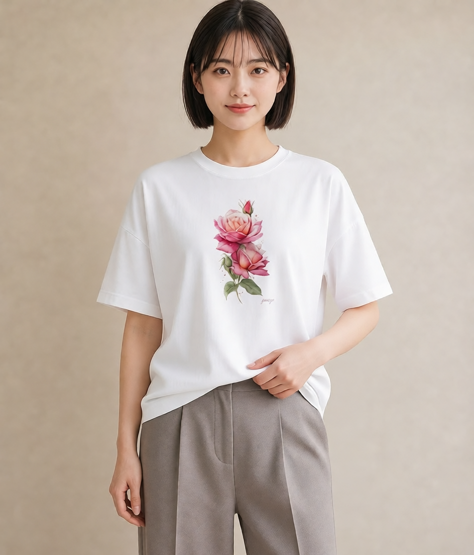 グラフィックTシャツ レディース バラ 薔薇 ローズ 花 花柄 イラスト 個性的 海 カフェ巡り 白T