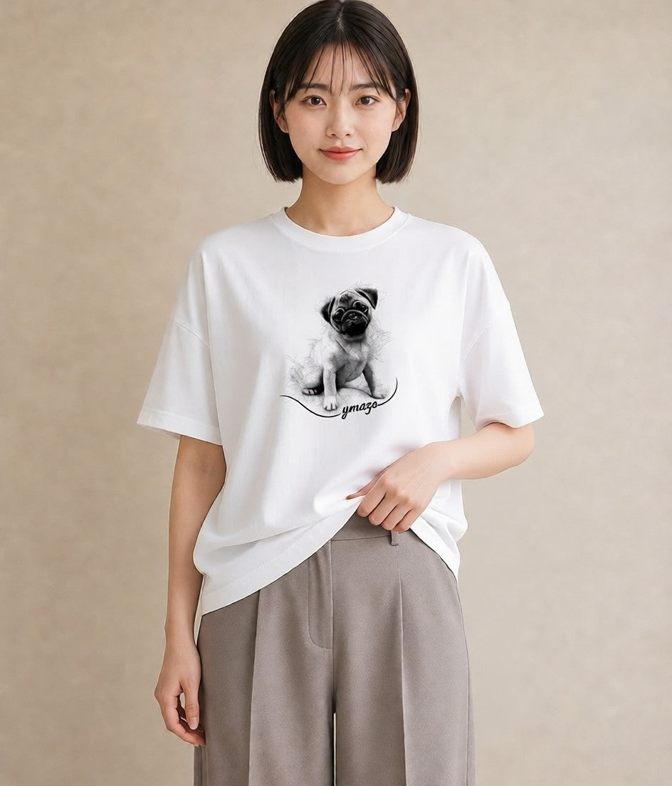 半袖Tシャツ レディース パグ 犬 いぬ イラスト ミニマル 散歩 お出かけ 白T YMAZO