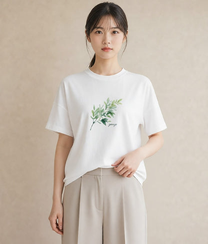 Tシャツ レディース つる 植物 ボタニカル イラスト ペアコーデ 秋コーデ 白T YMAZO