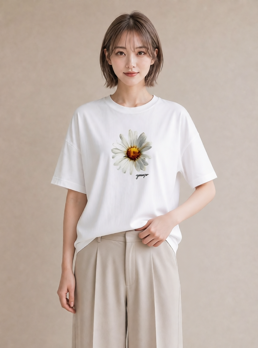 デザインTシャツ レディース マーガレット 花 花柄 イラスト フェミニン 夏コーデ 通学 白T