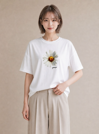 デザインTシャツ レディース マーガレット 花 花柄 イラスト フェミニン 夏コーデ 通学 白T