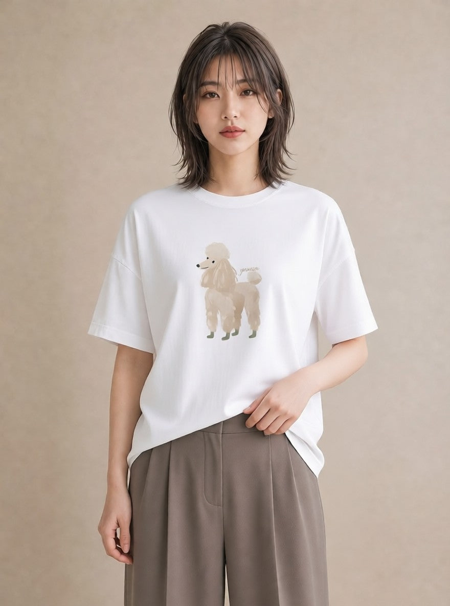 グラフィックTシャツ レディース トイプードル プードル 犬 いぬ イラスト 可愛い 春服 ミセス 白T YMAZO