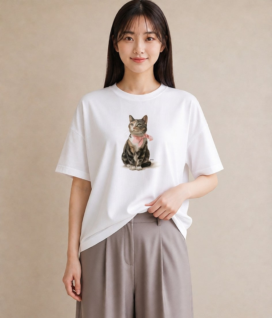 グラフィックTシャツ レディース スコティッシュフォールド 猫 ねこ イラスト レトロ 自分用 ルームウェア 白T YMAZO